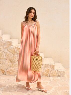 NWT Commense Orange Striped Backless Maxi Dress W/Pockets Size Small Vacay